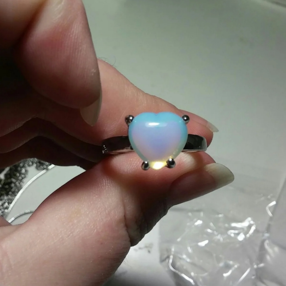 Sterling Silver Glow Opalite Moonstone Heart Ring
